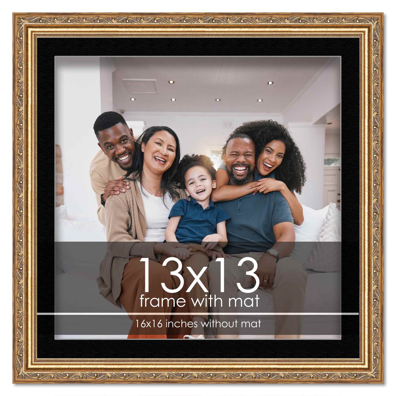 Antique Gold Frame with Black Photo Mat, UV Acrylic Front, Foam Board Backing, 60 Sizes Available